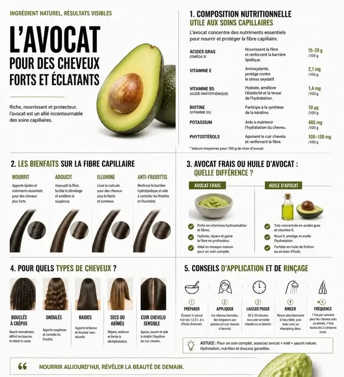 Avocat et cheveux : infographie des bienfaits, des usages et des conseils d’application