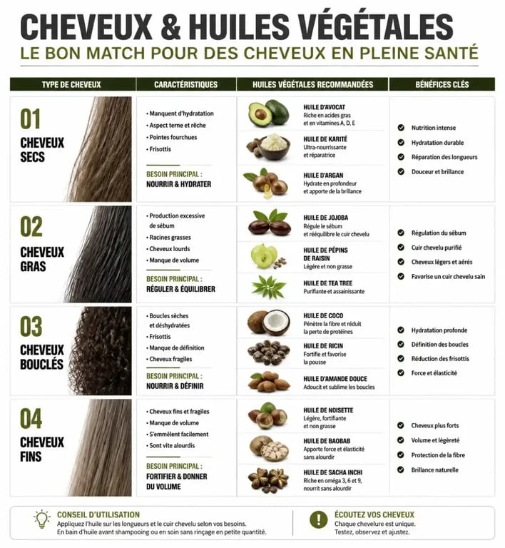 Tableau comparatif des huiles végétales pour cheveux selon le type de chevelure