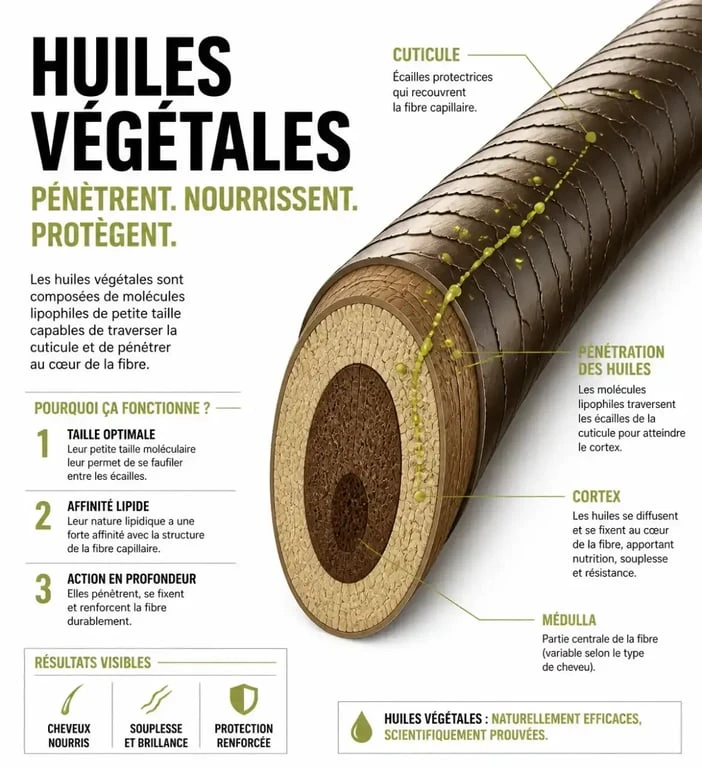 Schéma illustrant la pénétration des huiles végétales dans la fibre capillaire pour les soins des cheveux
