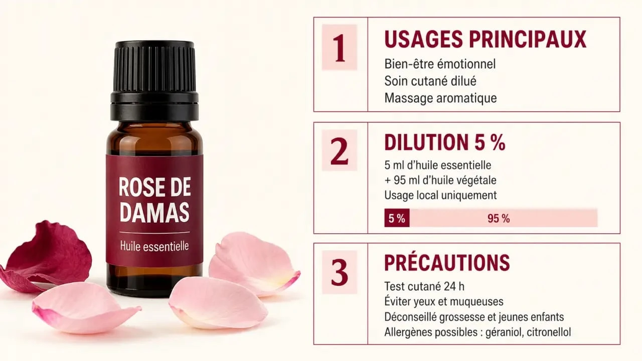 Infographie sur les huiles essentielles rose de Damas : usages, dilution et précautions