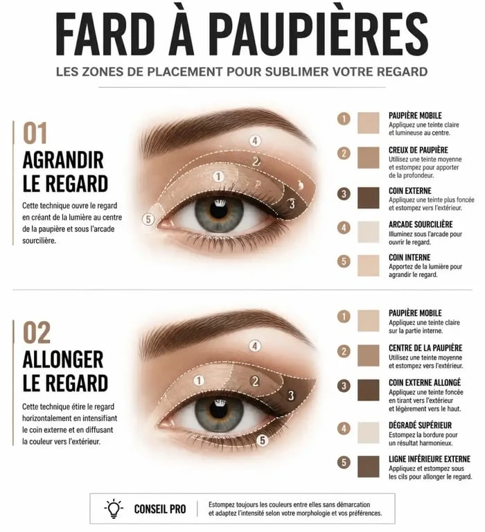 Schéma de démonstration maquillage yeux : placement des ombres pour agrandir ou allonger le regard.