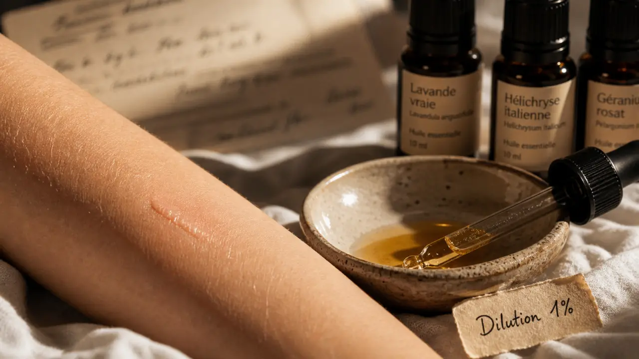 Huiles essentielles pour cicatrisation : dilution 1% sur peau pour éviter irritation