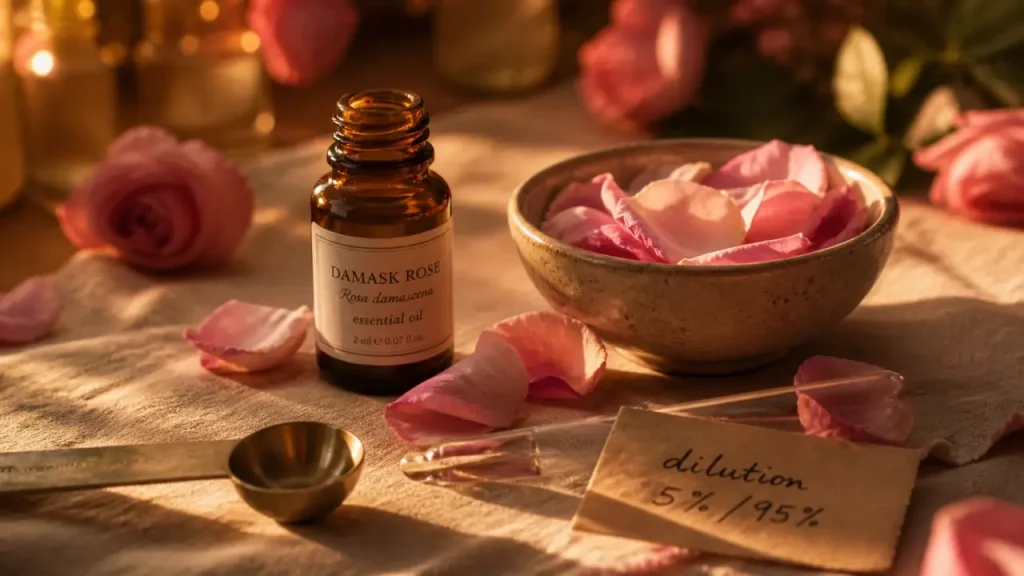 Huile essentielle de rose de Damas : peau, émotions et dilution à 5 %