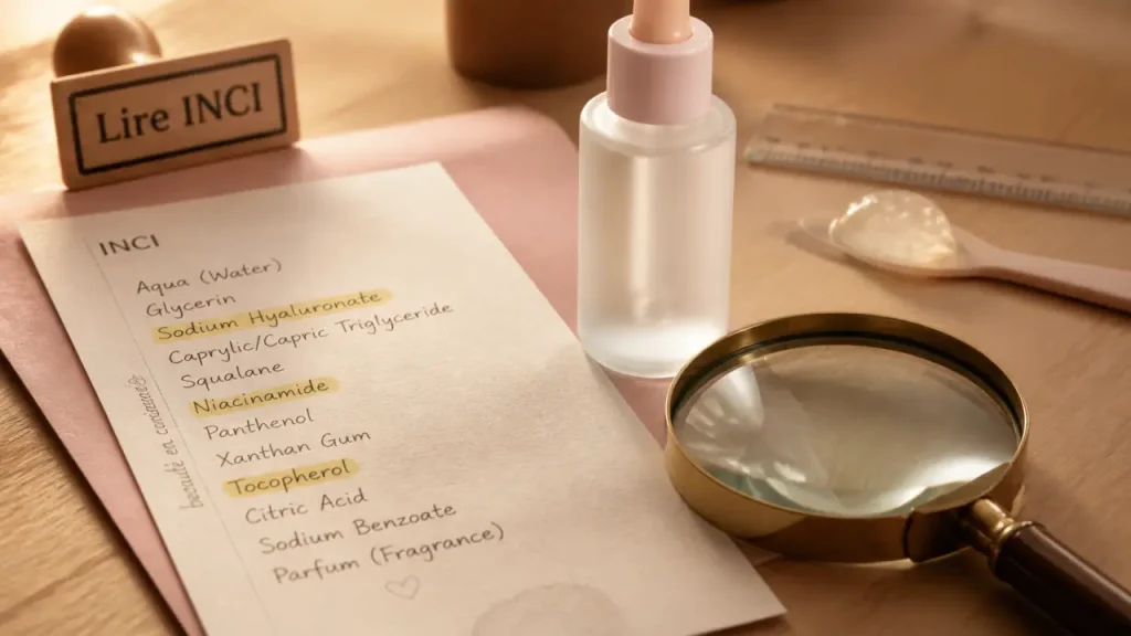 Ingrédients cosmétiques : lire l’INCI, repérer les familles et hiérarchiser les risques
