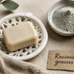 Shampoing solide cheveux gras, pain beige sur porte-savon et argile kaolin