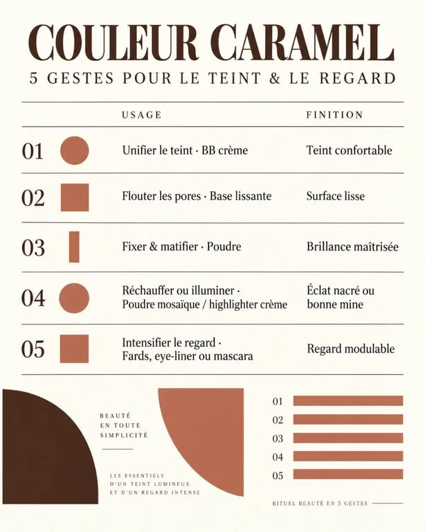 Maquillage Couleur Caramel : produits par usage, texture et finition