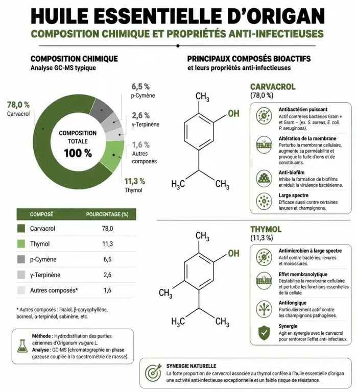 Infographie sur la composition chimique et les propriétés de l'huile essentielle d'origan