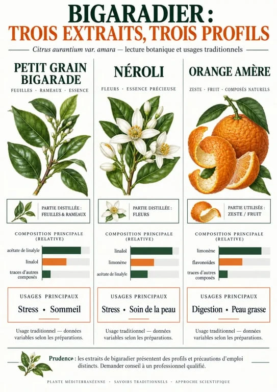 Huiles essentielles de petit grain bigarade : comparaison des parties du bigaradier et des usages