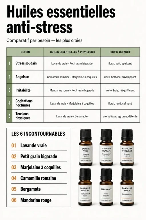 Huiles essentielles anti stress : comparatif visuel des huiles selon le type de stress et le mode d’usage
