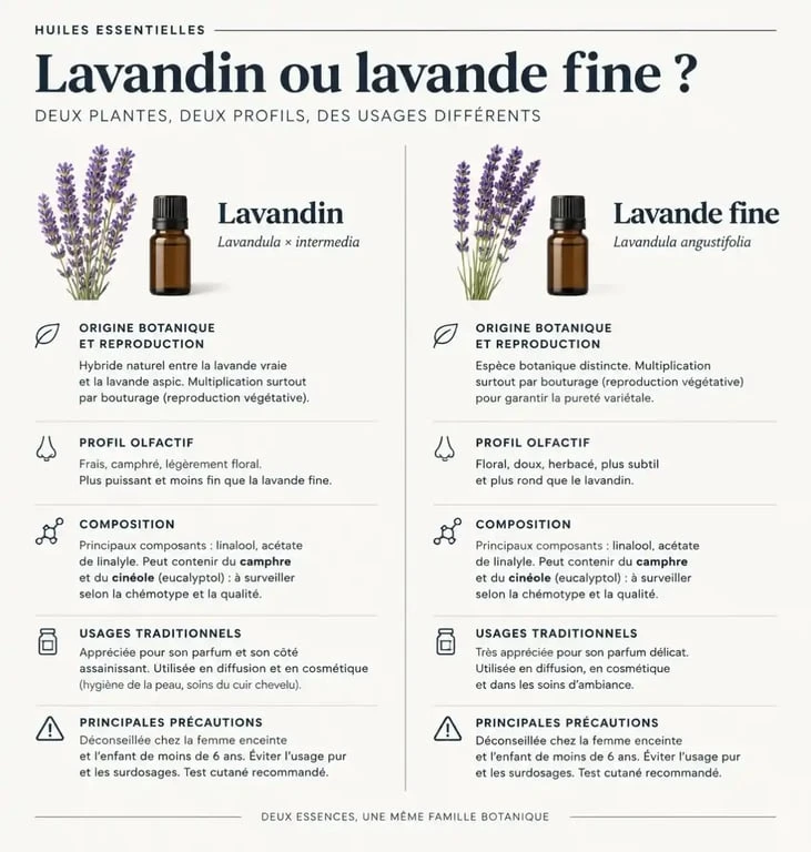 Infographie comparative sur les huiles essentielles de lavandin et de lavande fine