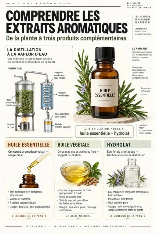 Huiles essentielles Pranarōm, huile végétale et hydrolat expliqués par un schéma de distillation