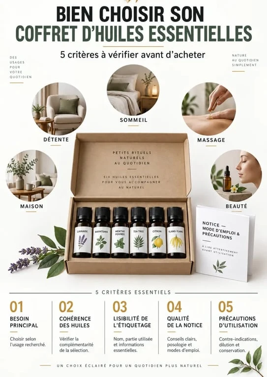 Infographie pour choisir un coffret huiles essentielles selon son usage et ses précautions