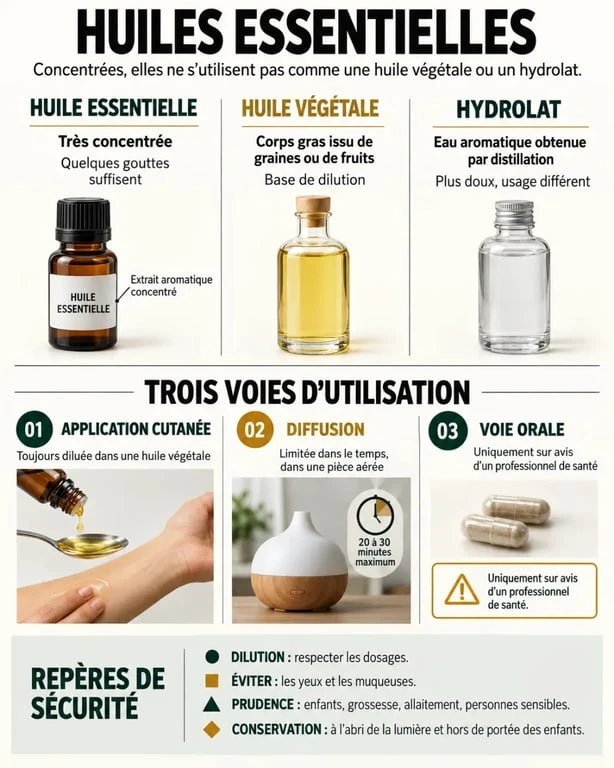 Huiles essentielles paraform : infographie sur les différences, les usages et les précautions