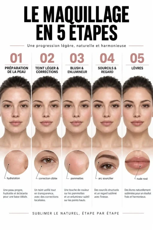Étapes d’un full face maquillage naturel du teint aux lèvres
