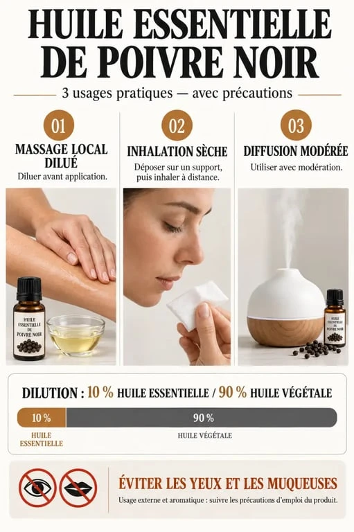 Infographie sur les huiles essentielles de poivre noir : dilution, voies d'utilisation et précautions