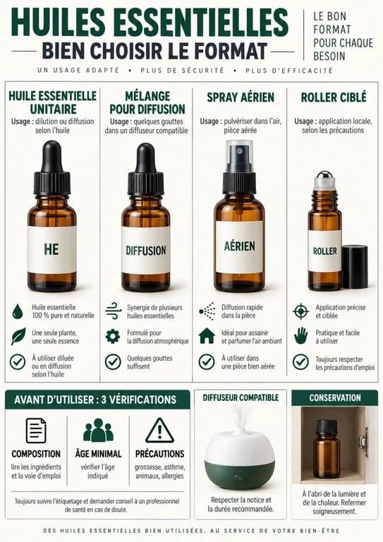 Infographie sur les huiles essentielles Puressentiel : types de produits, diffusion, composition et précautions