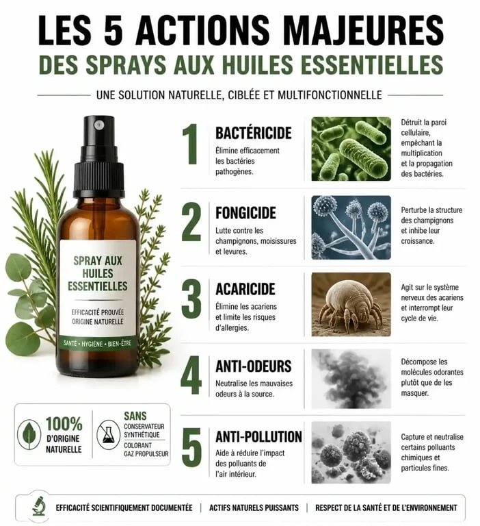 Infographie des bénéfices d'un spray aux huiles essentielles pour assainir l'air