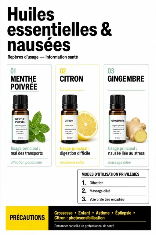 Infographie sur les huiles essentielles nausées : menthe poivrée, citron, gingembre et précautions d’emploi