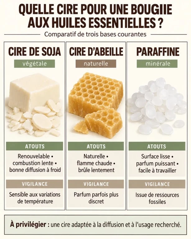 Infographie comparative des cires utilisées pour une bougie aux huiles essentielles