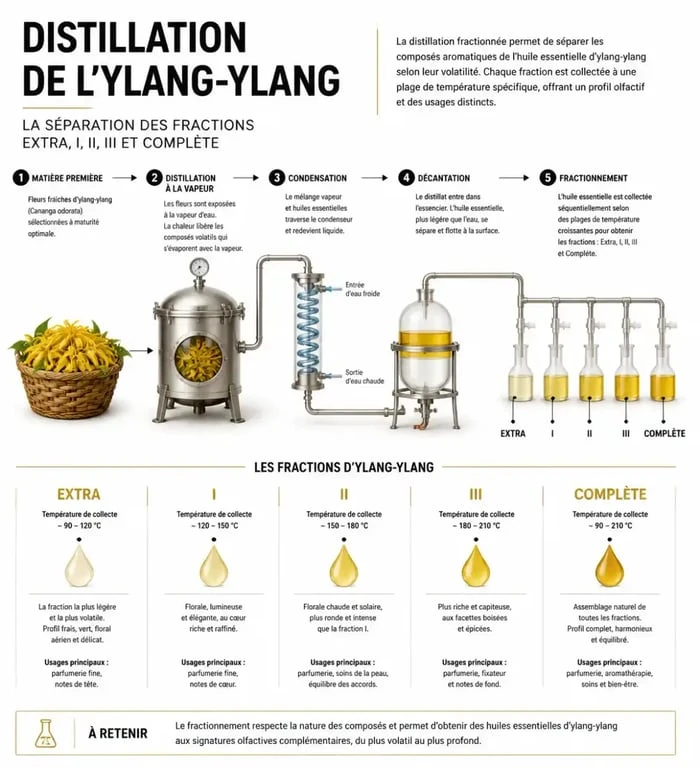 Infographie des fractions de l'huile essentielle d'ylang-ylang : Extra, I, II, III et Complète