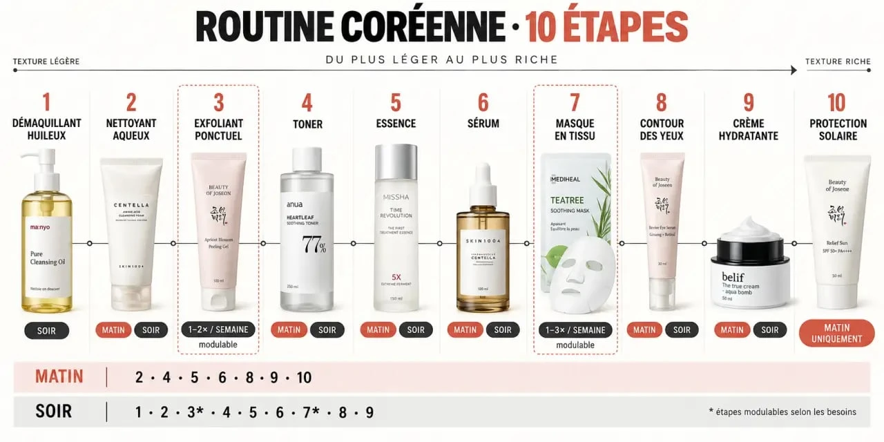 Routine beauté coréenne : ordre visuel des 10 étapes du layering matin et soir