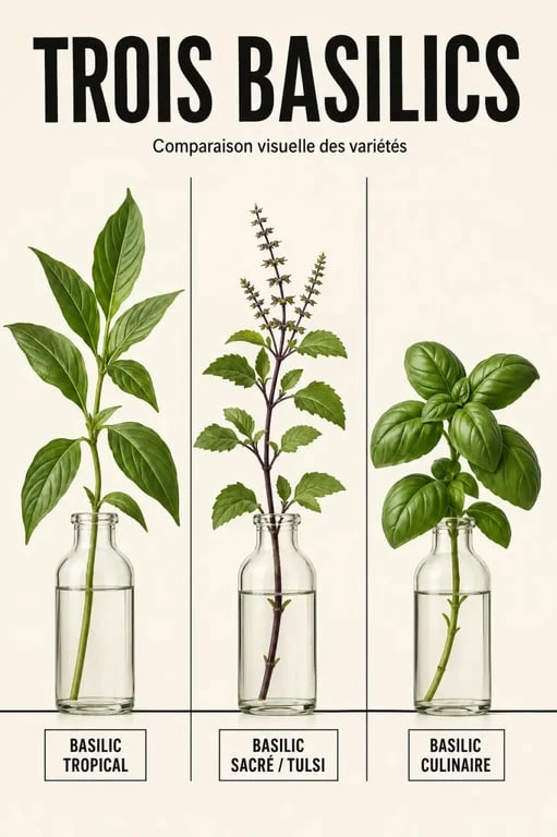Huiles essentielles basilic tropical : comparaison visuelle entre basilic tropical, tulsi et basilic culinaire