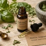 Huiles essentielles basilic tropical : flacon d’huile, feuilles et digestif au méthylchavicol