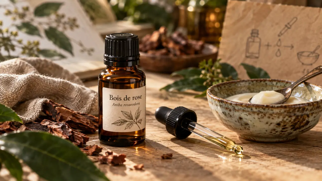 Huiles essentielles bois de rose : flacon et schéma de dilution, risque d’irritation de la peau