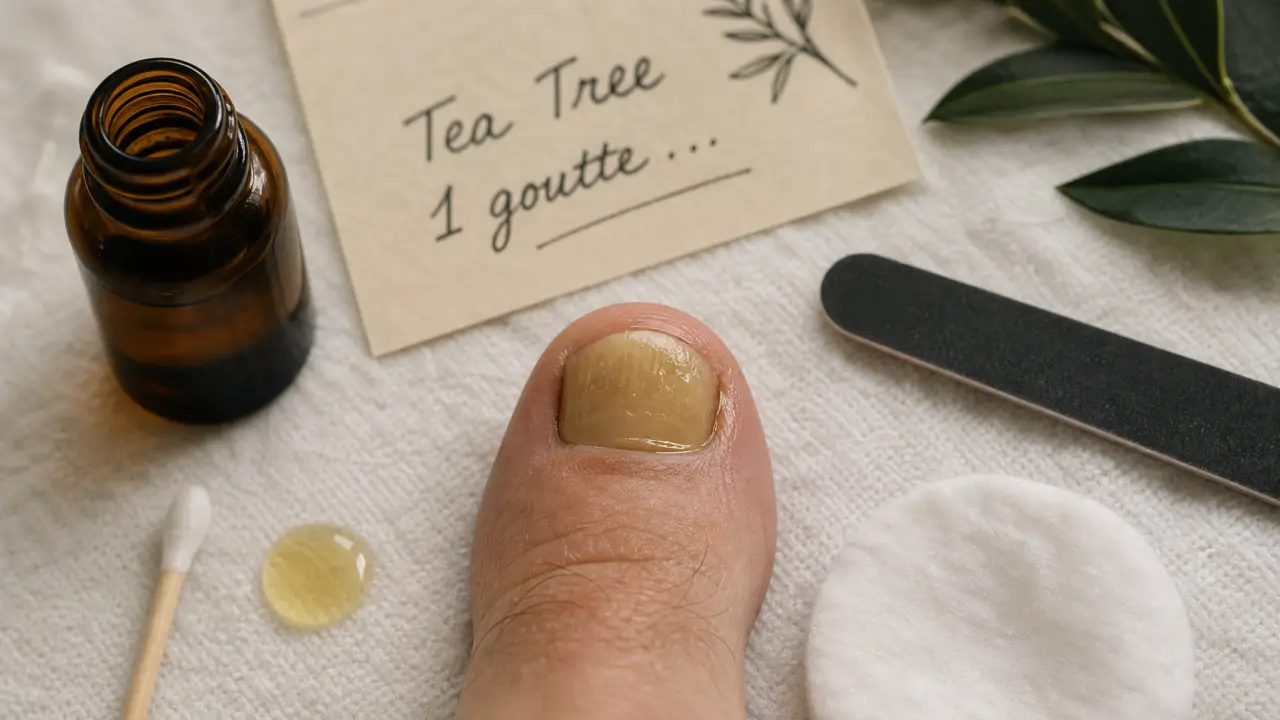 Huiles essentielles pour mycoses des ongles : tea tree dilué 20% sur ongle du pied