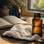 Huiles essentielles nausées : gouttes menthe poivrée, citron ou gingembre près d’un mouchoir