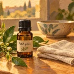 Huiles essentielles petit grain bigarade : flacon, feuilles et rameaux de bigaradier