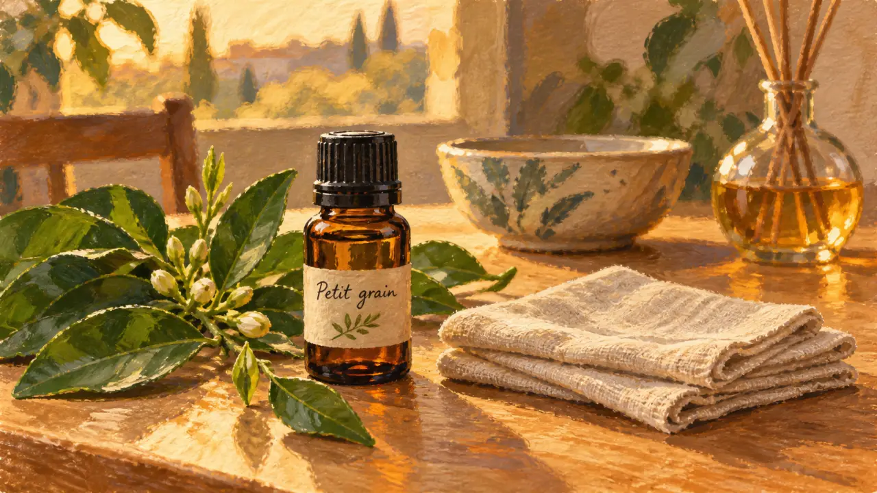 Huiles essentielles petit grain bigarade : flacon, feuilles et rameaux de bigaradier