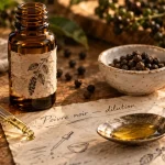 Huiles essentielles de poivre noir en dilution, flacon et gouttes sur table