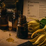 Huiles essentielles yang yang, fractions d’ylang-ylang Extra à Complète sur table en bois