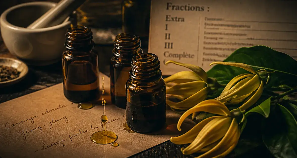 Huiles essentielles yang yang, fractions d’ylang-ylang Extra à Complète sur table en bois