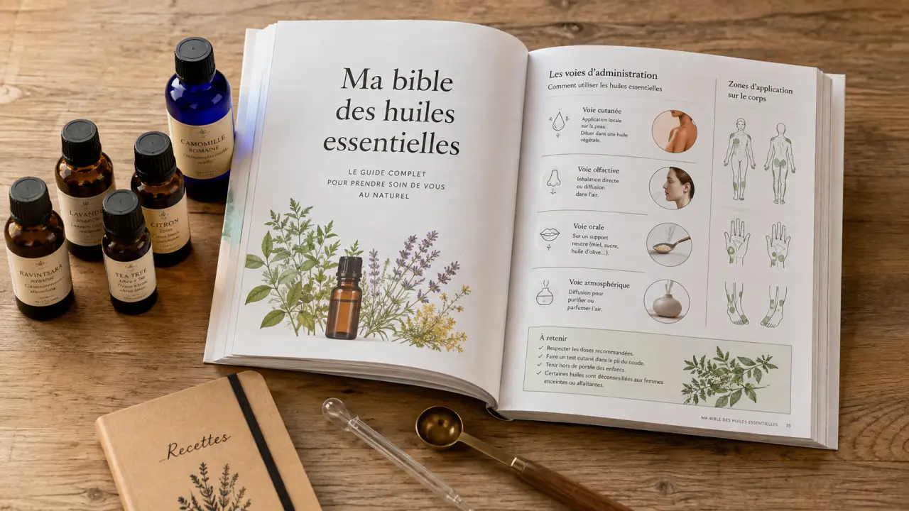 Ma bible des huiles essentielles : livre et huiles essentielles sur table