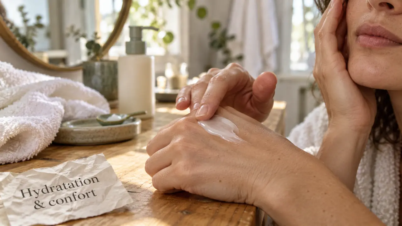 Crème hydratante appliquée sur la joue, hydratation sans brillance