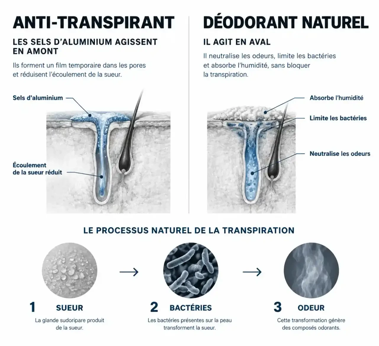 Différence entre déodorant naturel et anti-transpirant : action sur les odeurs ou sur la transpiration