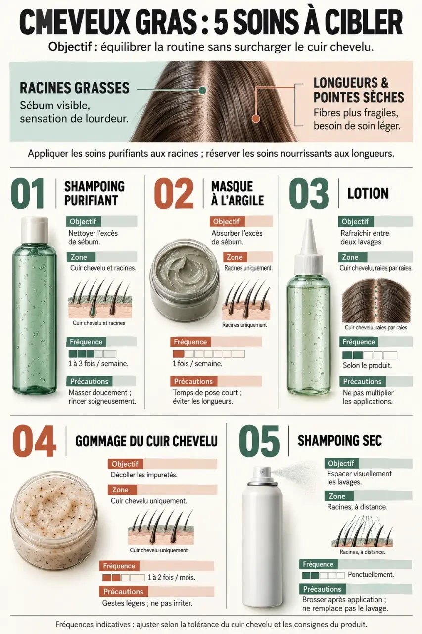 Infographie des soins pour cheveux gras, des racines grasses aux pointes sèches