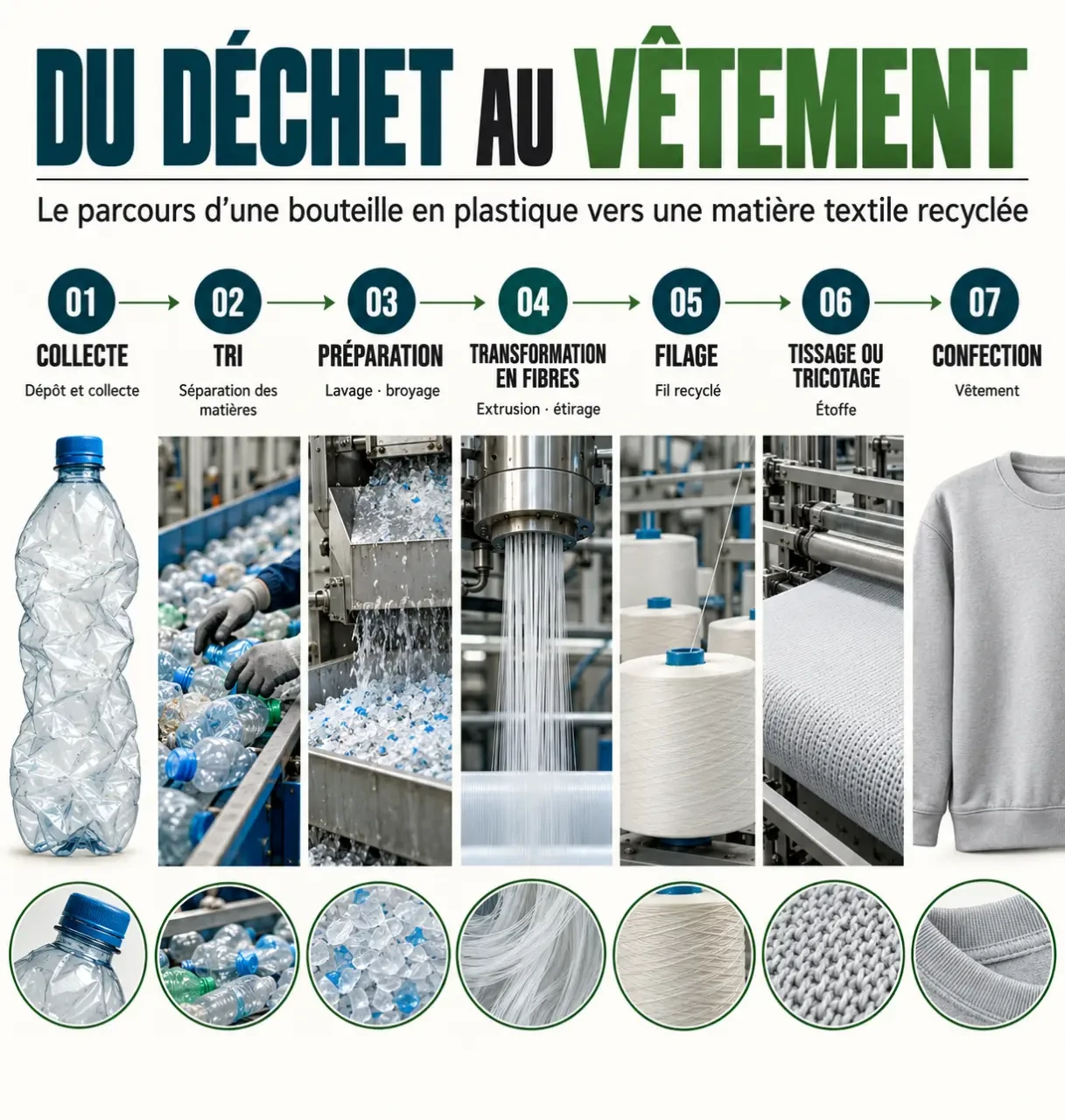 Parcours de fabrication des vêtements recyclés, de la collecte des déchets à la nouvelle fibre textile