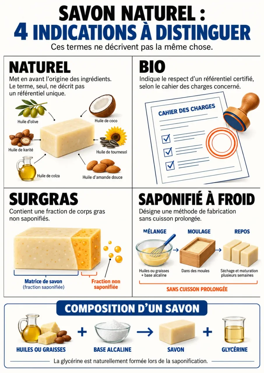Infographie sur le savon naturel, le savon bio, le savon surgras et la saponification à froid