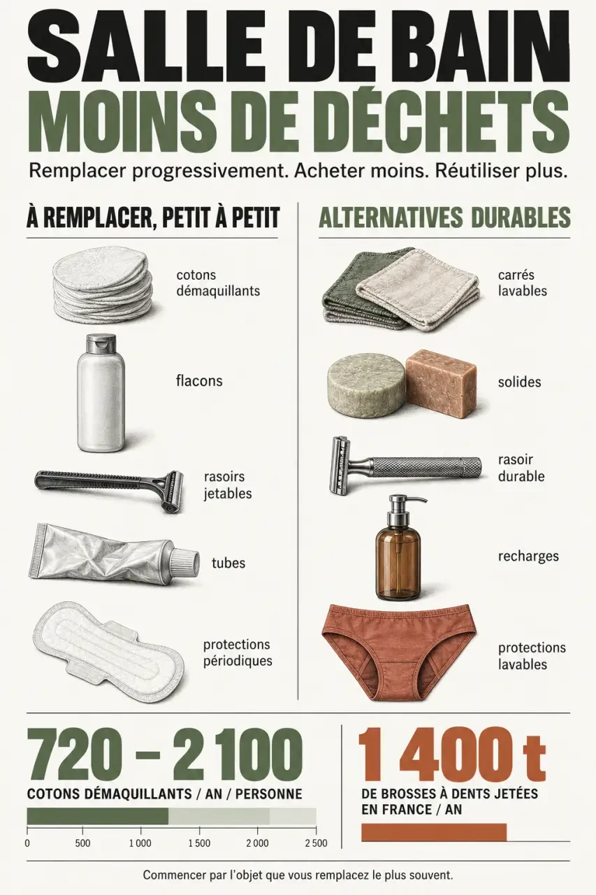 Infographie sur les alternatives et les déchets d’une salle de bain zéro déchet