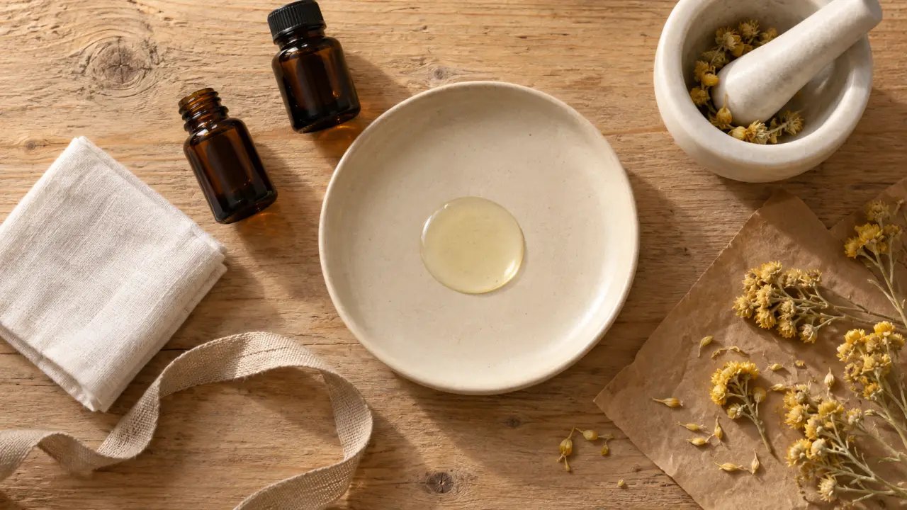 Huiles essentielles hélichryse, huile immortelle sur table en bois