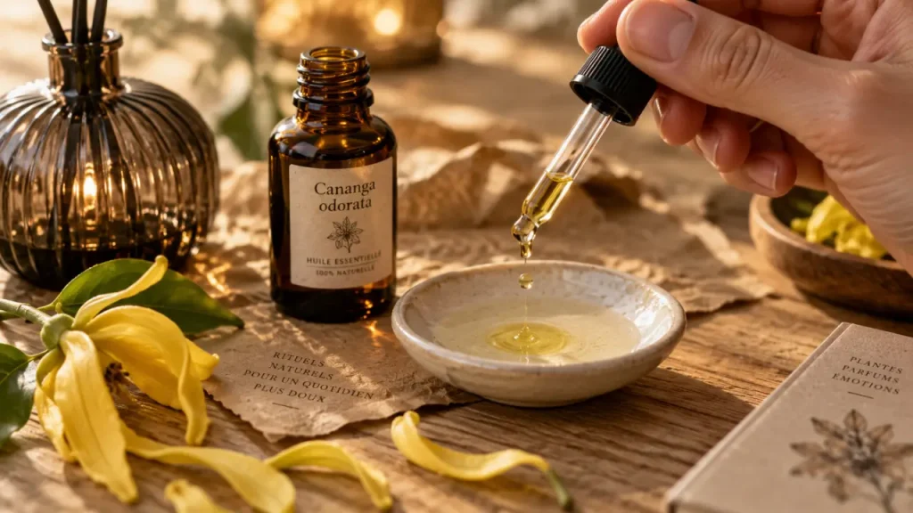 L’huile essentielle d’ylang ylang apaise l’ambiance et accompagne les soins de la peau et des cheveux