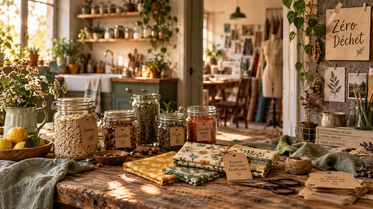 La galerie du zéro déchet à Nantes, maison témoin : table avec bocaux verre et beewrap