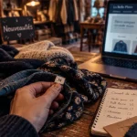 Mutine seconde main : vêtements vintage sur table d’atelier, boutique digitale