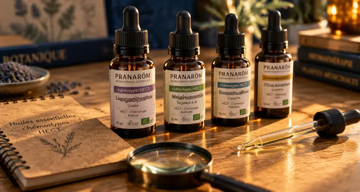 Pranarom huiles essentielles : flacons sur table en bois, étiquette chémotype HECT