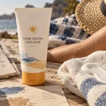 Produit de protection solaire SPF 30 ou 50 sur peau et serviette de plage