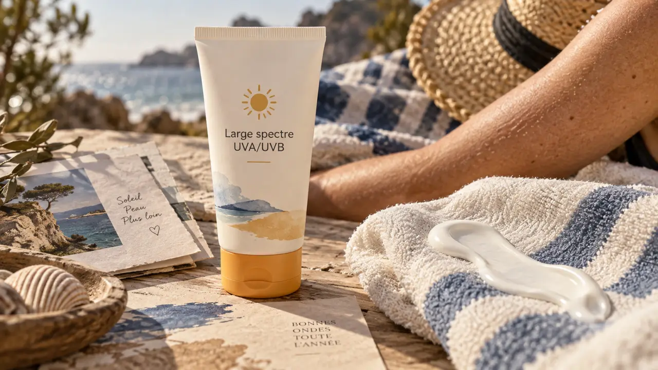 Produit de protection solaire SPF 30 ou 50 sur peau et serviette de plage